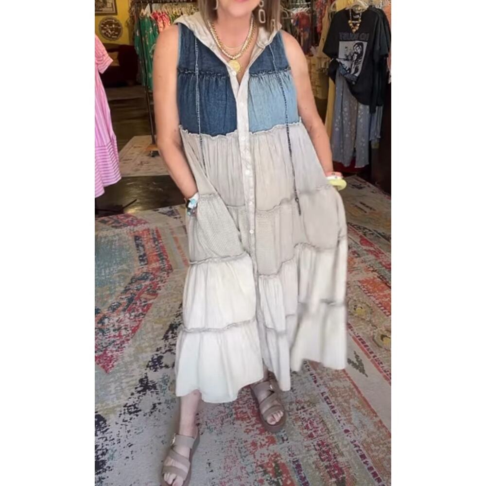 Young Threads Patchwork Hooded Duster Dress Latte Blue Tiered Romantic Boho